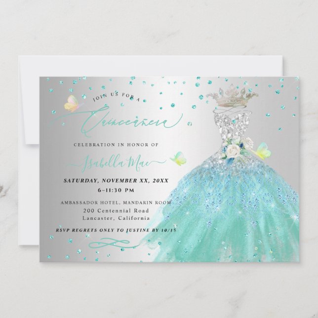 Quinceanera Silver Turquoise Quinceanera Dress Invitation (Front)