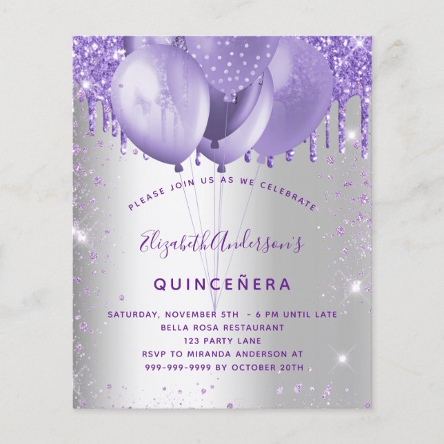 Quinceanera silver violet budget invitation flyer (Front)
