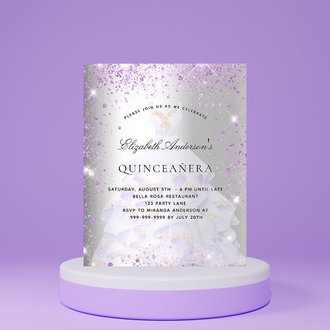 Quinceanera silver violet dress budget invitation flyer (Creator Uploaded)
