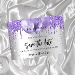 Quinceanera silver violet sparkles balloons save the date<br><div class="desc">A faux silver looking background decorated with violet,  lavender coloured faux glitter and balloons.  Personalise and add a date and name/age. The text: Save the Date is written with a large trendy hand lettered style script.</div>