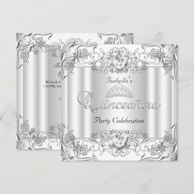 Quinceanera Silver White Diamond Tiara 15th Party Invitation (Front/Back)