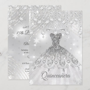 Quinceanera Silver White Dress 15th Birthday Party Invitation