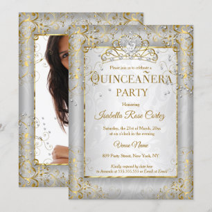 Quinceanera Silver White Gold Tiara photo party Invitation