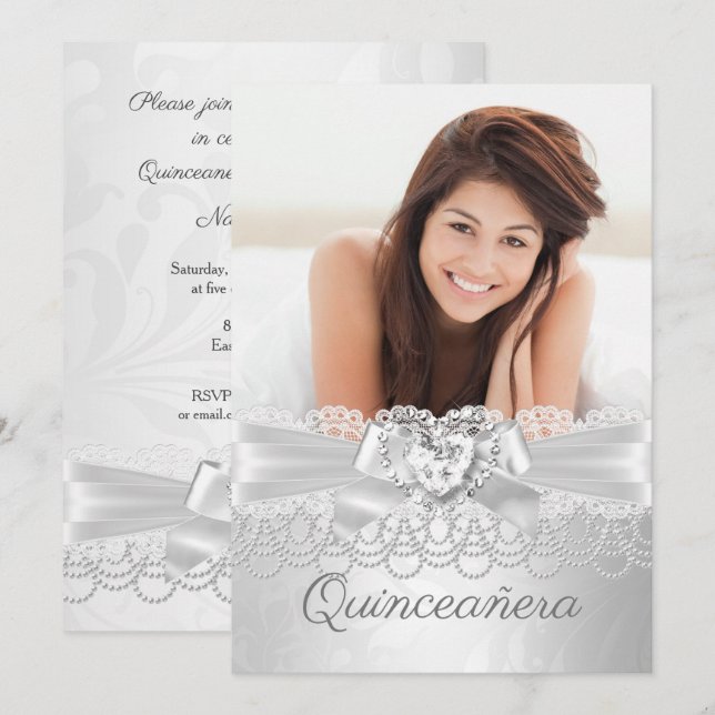 Quinceanera Silver white Lace Damask Diamond Heart Invitation (Front/Back)