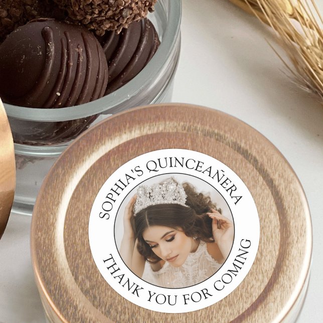 Quinceañera Simple Photo Black and White Thank You Classic Round Sticker (Creator Uploaded)