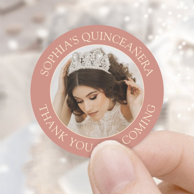 Quinceañera Simple Photo Rose Gold Pink Thank You Classic Round Sticker (Creator Uploaded)