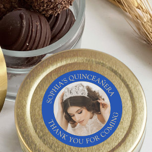 Quinceañera Simple Photo Royal Blue Gold Thank You Classic Round Sticker