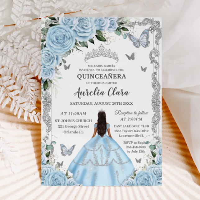 Quinceañera Sky Blue Floral Dress Princess Silver Invitation (Creator Uploaded)