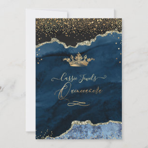 Quinceanera Slate Blue Agate Faux Gold  Dust Invitation
