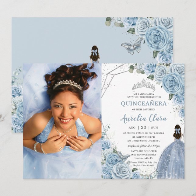 Quinceañera Soft Baby Blue Floral Princess 15 Años Invitation (Front/Back)
