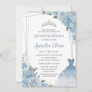 Quinceañera Soft Baby Blue Floral Roses Dress Gown Invitation
