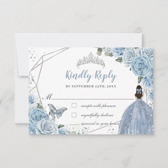Quinceañera Soft Baby Blue Floral Roses Princess RSVP Card (Front)