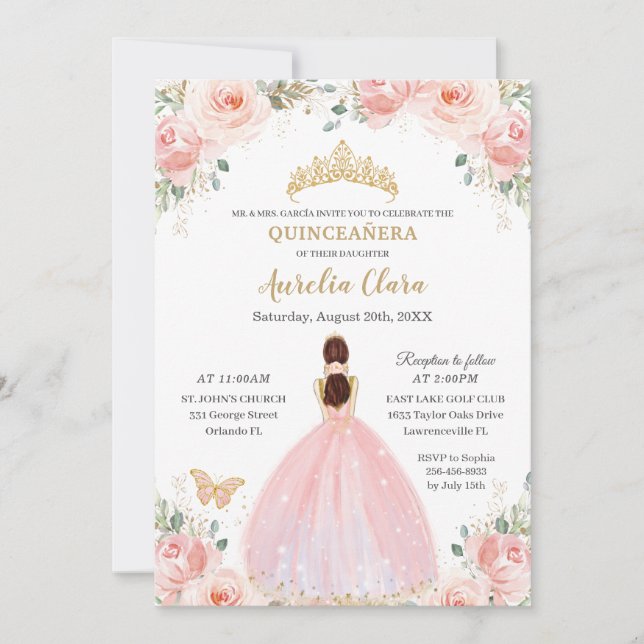 Quinceañera Soft Blush Floral Butterflies Princess Invitation (Front)
