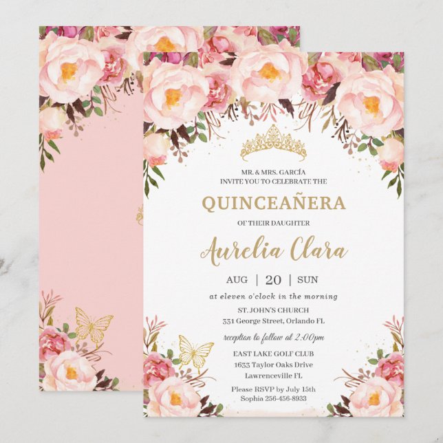 Quinceañera Soft Blush Floral Gold Tiara Butterfly Invitation (Front/Back)