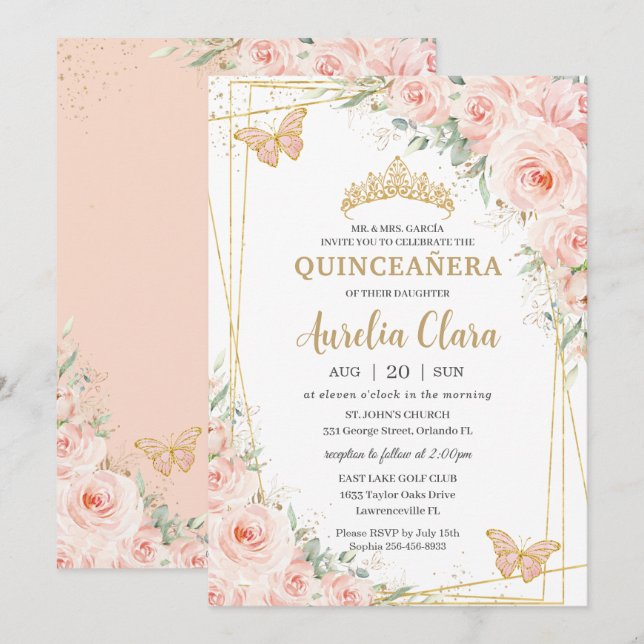 Quinceañera Soft Blush Floral Roses Butterflies Invitation (Front/Back)