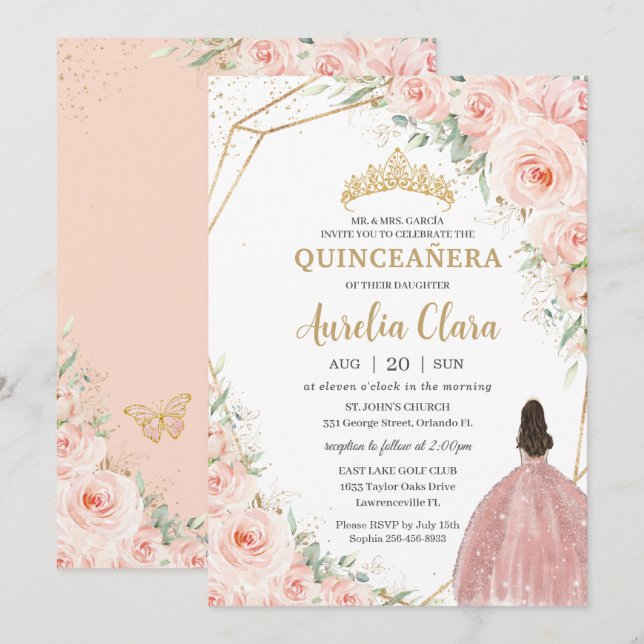 Quinceañera Soft Blush Floral Roses Flowers Crown Invitation (Front/Back)