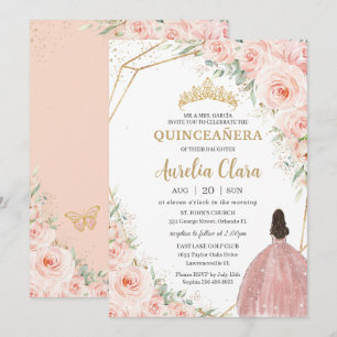 Quinceañera Soft Blush Floral Roses Flowers Crown Invitation