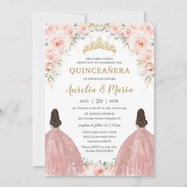Quinceañera Soft Blush Floral Roses Flowers Twins Invitation (Front)