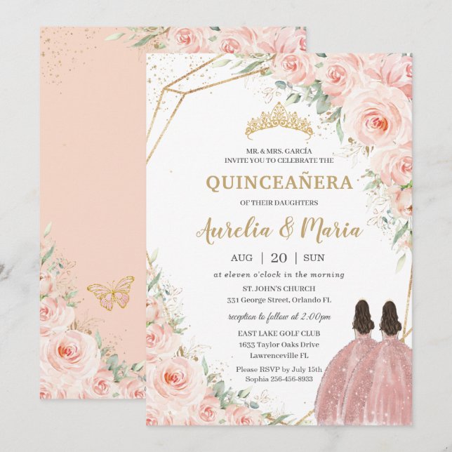 Quinceañera Soft Blush Floral Roses Flowers Twins Invitation (Front/Back)