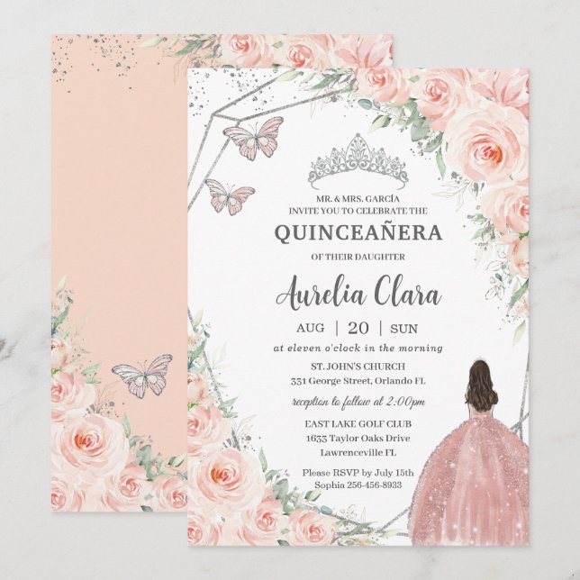 Quinceañera Soft Blush Floral Roses Silver Crown Invitation (Front/Back)