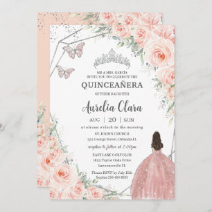 Quinceañera Soft Blush Floral Roses Silver Crown Invitation