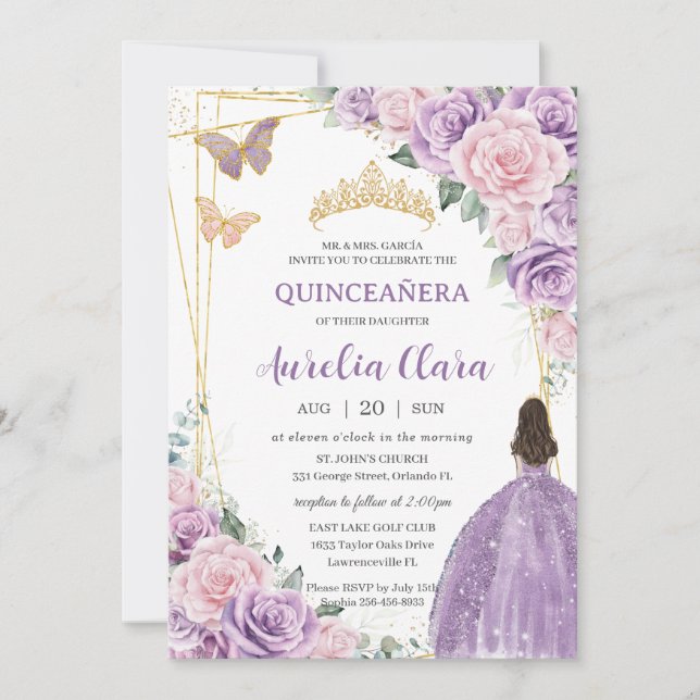 Quinceañera Soft Purple Lilac Pink Floral Princess Invitation (Front)
