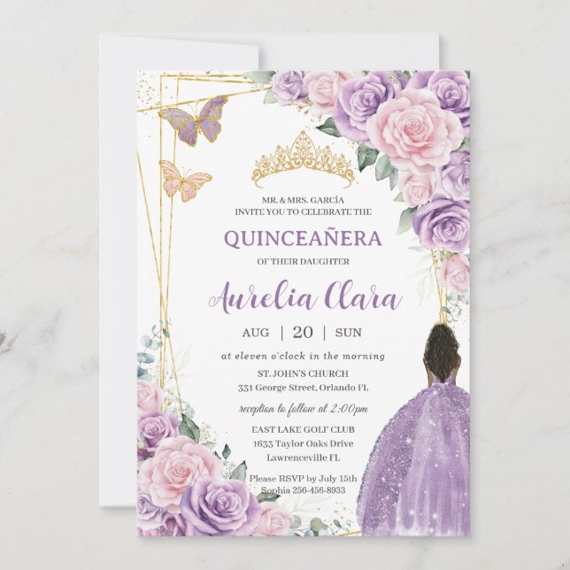 Quinceañera Soft Purple Pink Floral Brown Princess Invitation (Front)