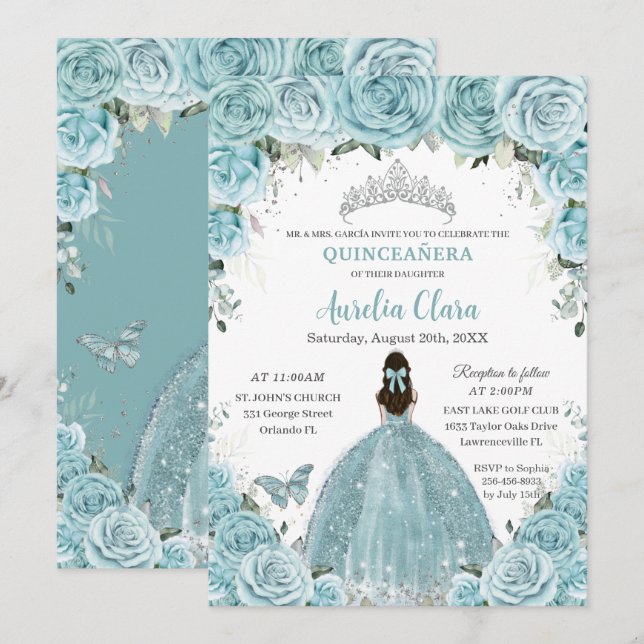 Quinceañera Soft Turquoise Floral Silver Crown Invitation (Front/Back)