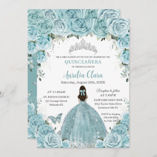 Quinceañera Soft Turquoise Floral Silver Crown Invitation