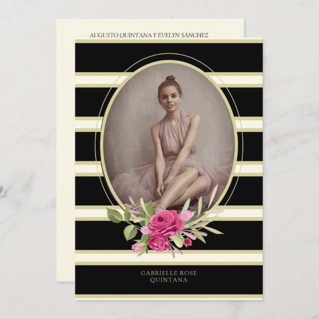 Quinceañera Sophisticated Floral Garland Photo Invitation (Front/Back)