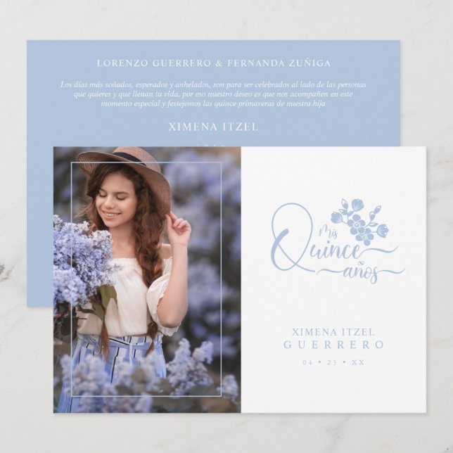 Quinceañera Spanish Blue Floral Wreath Photo Invitation (Front/Back)