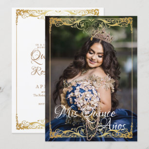 Quinceañera Spanish Mis Quince White Gold Photo Invitation