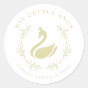 Quinceañera Spanish Yellow & Gold Romantic Swan Classic Round Sticker