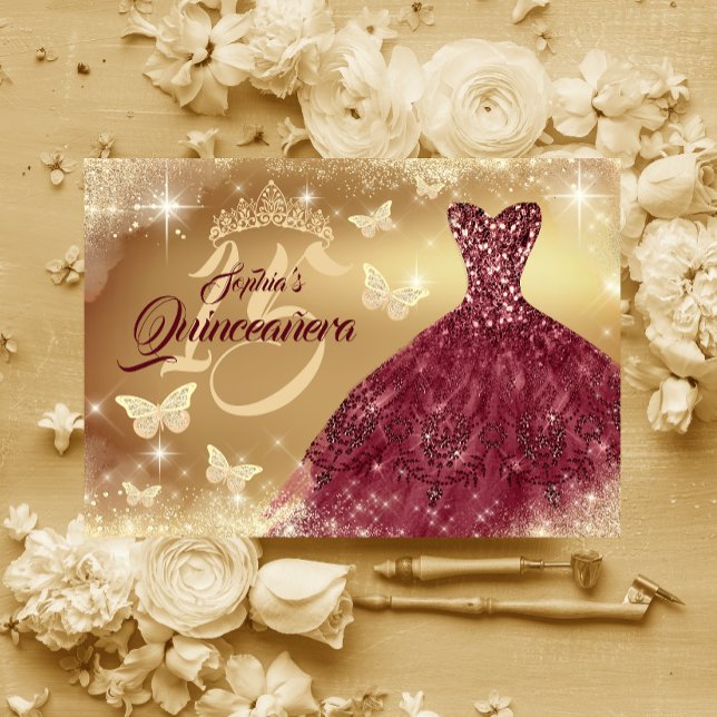 Quinceanera Sparkle Gold Burgundy Dress  Invitation (Creator Uploaded)