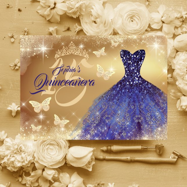 Quinceanera Sparkle Gold Navy Dress  Invitation (Creator Uploaded)