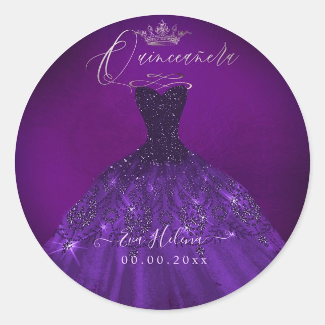 Quinceañera , Sparkle Gown, Aubergine Classic Round Sticker (Front)