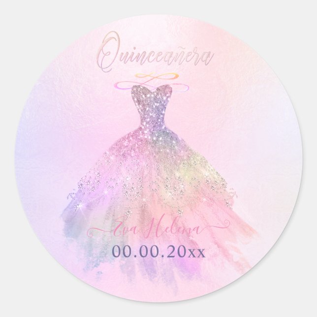 Quinceañera , Sparkle Gown, Cotton Candy Classic Round Sticker (Front)