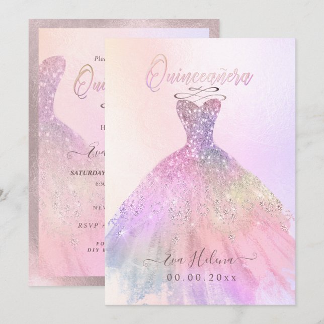 Quinceañera , Sparkle Gown, Cotton Candy Invitation (Front/Back)