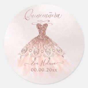 Quinceañera , Sparkle Gown, Faux Rose Gold Classic Round Sticker
