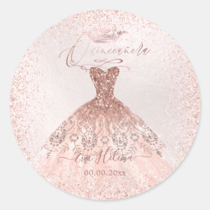 Quinceañera , Sparkle Gown, Faux Rose Gold Classic Round Sticker
