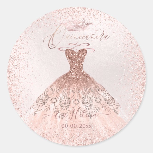 Quinceañera , Sparkle Gown, Faux Rose Gold Classic Round Sticker (Front)