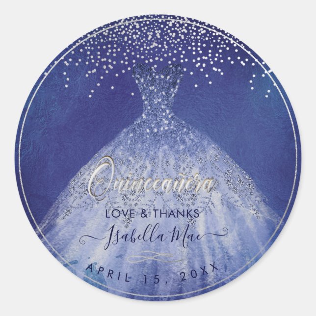 Quinceañera , Sparkle Gown, Navy Blue Classic Round Sticker (Front)