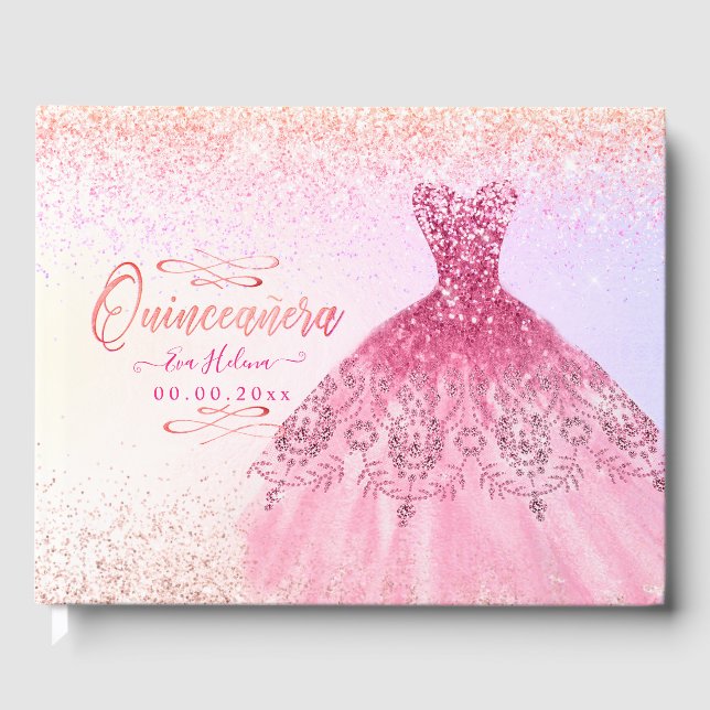 Quinceañera , Sparkle Gown, Pink Cherry Ombre Guest Book (Front)