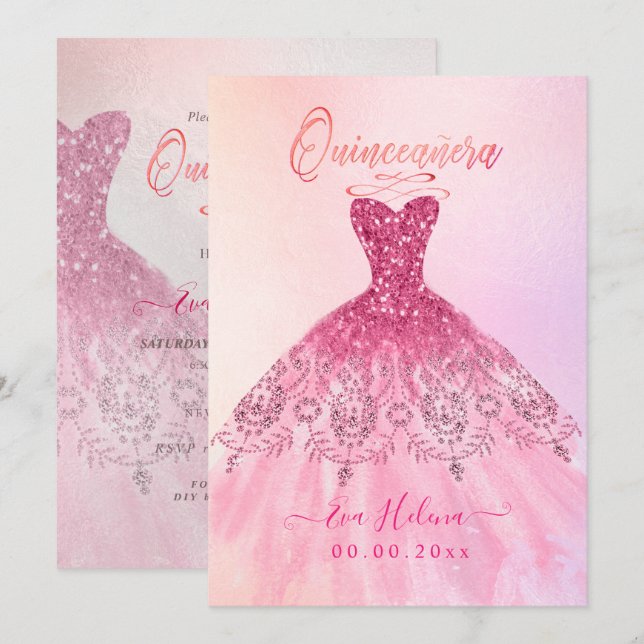 Quinceañera , Sparkle Gown, Pink Cherry Ombre Invitation (Front/Back)