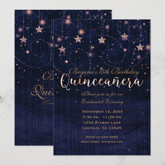 Quinceañera Starry Night Purple & Gold Whimsical Invitation (Front/Back)