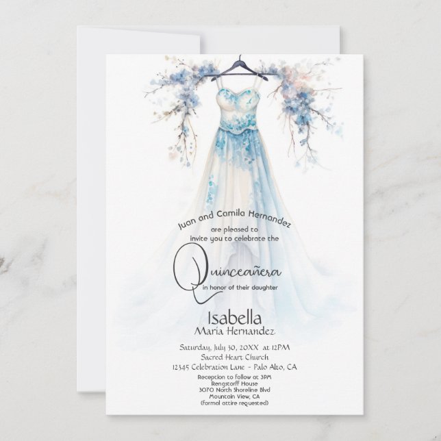 Quinceañera | Stunning Blue Floral Gown  Invitation (Front)