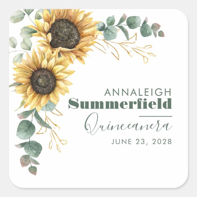 Quinceanera Sunflower Eucalyptus 15th Birthday Square Sticker (Front)