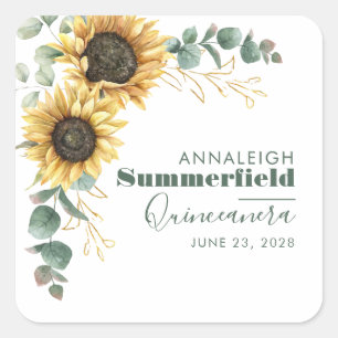 Quinceanera Sunflower Eucalyptus 15th Birthday Square Sticker