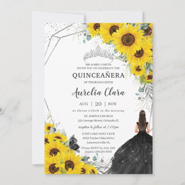 Quinceañera Sunflower Floral Silver Black Dress Invitation (Front)