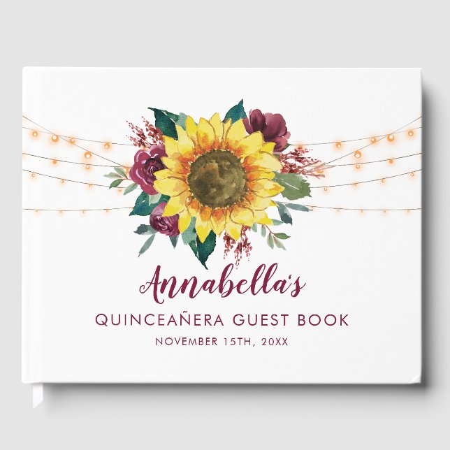 Quinceanera Sunflower Lights Floral Birthday Guest Book (Front)